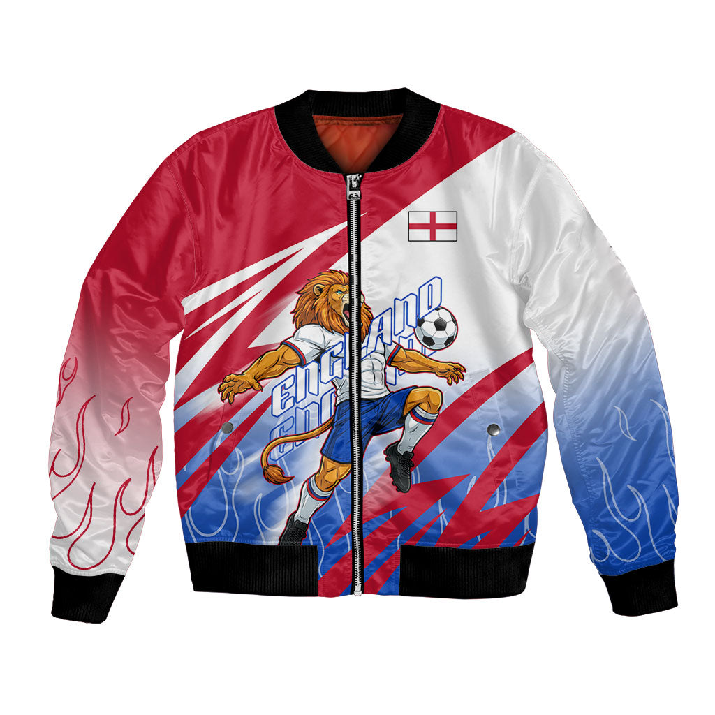 Personalized England Football Bomber Jacket Dynamic Lion Athlete Red Blue Flame