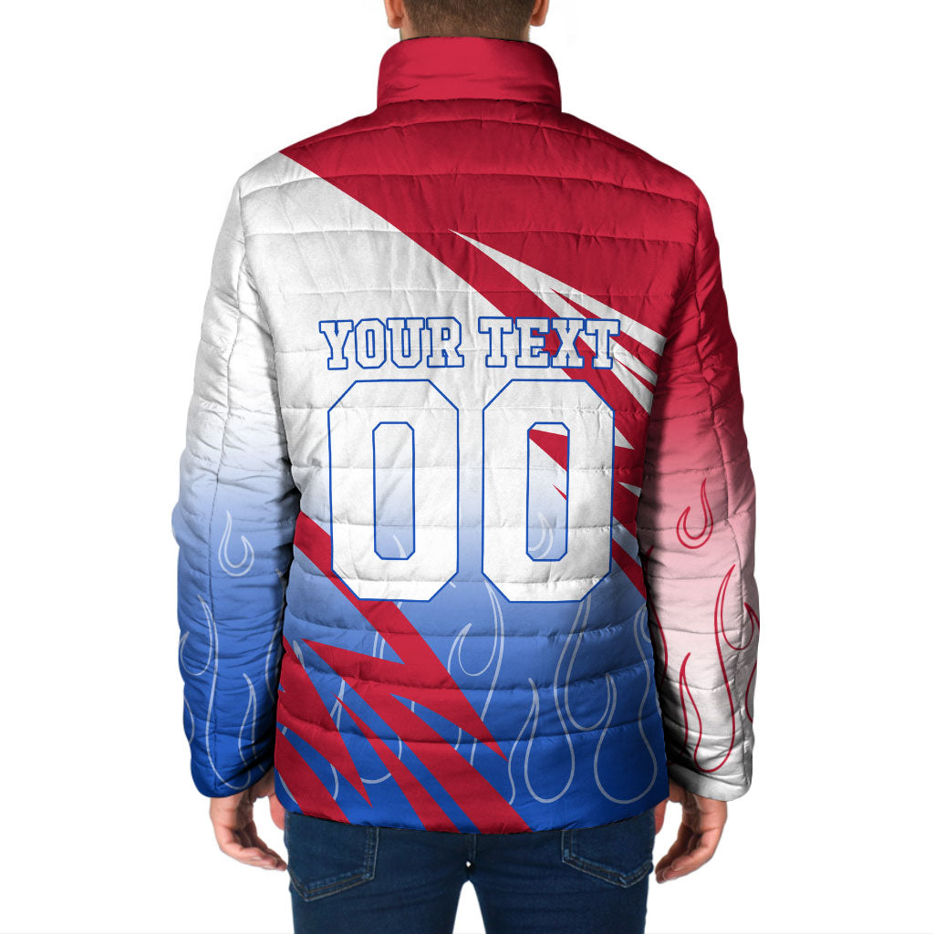 Personalized England Football Padded Jacket Dynamic Lion Athlete Red Blue Flame