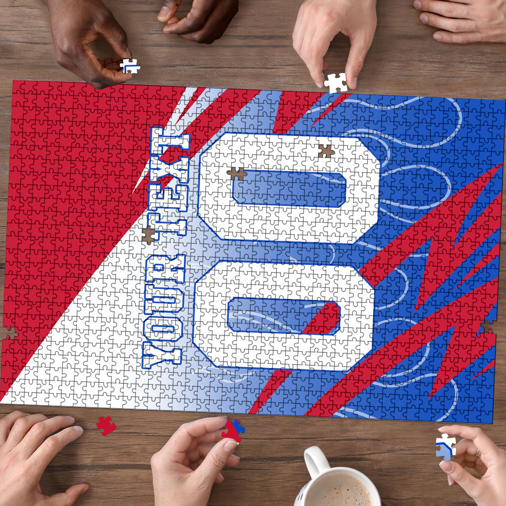 Personalized England Football Puzzle Dynamic Lion Athlete Red Blue Flame