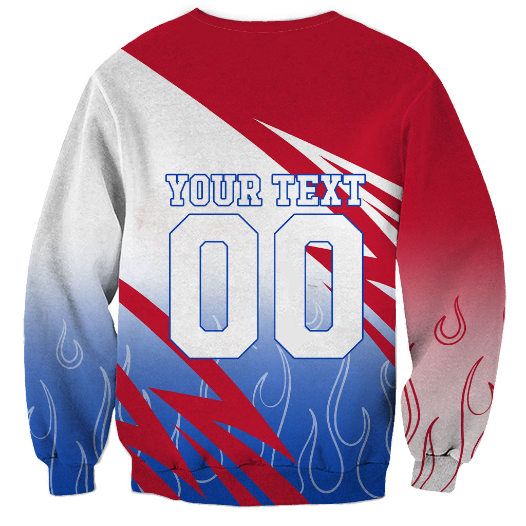 Personalized England Football Sweatshirt Dynamic Lion Athlete Red Blue Flame