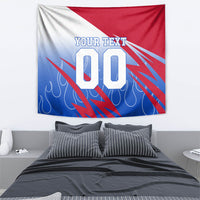 Personalized England Football Tapestry Dynamic Lion Athlete Red Blue Flame