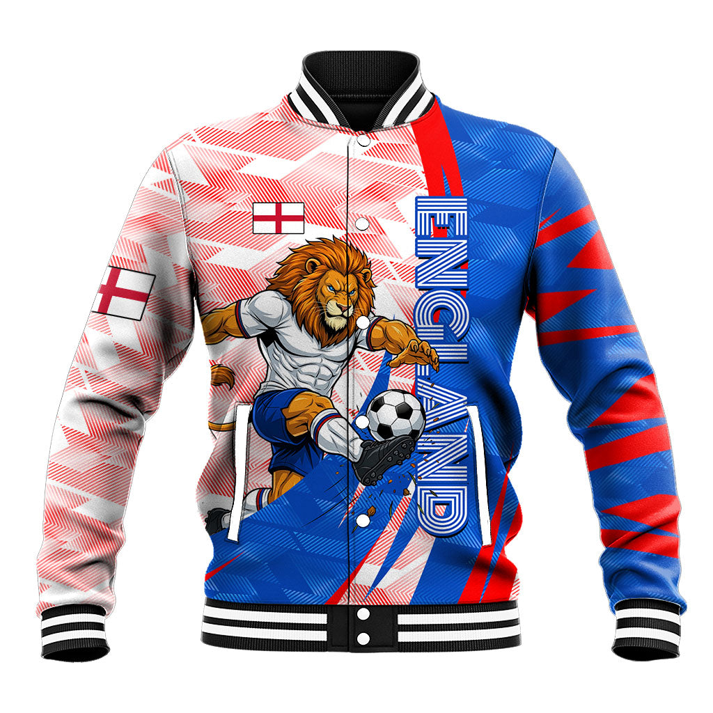 Personalized England Football Baseball Jacket Powerful Lion Kicking Ball Red Blue Chevron Zigzag
