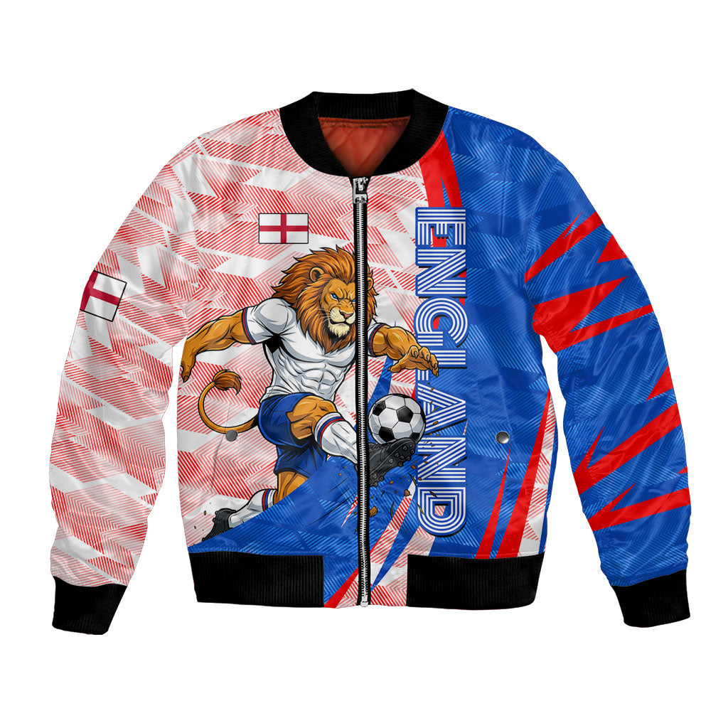 Personalized England Football Bomber Jacket Powerful Lion Kicking Ball Red Blue Chevron Zigzag