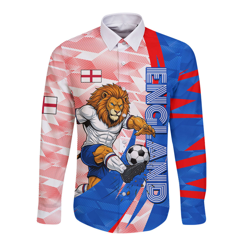 Personalized England Football Long Sleeve Button Shirt Powerful Lion Kicking Ball Red Blue Chevron Zigzag