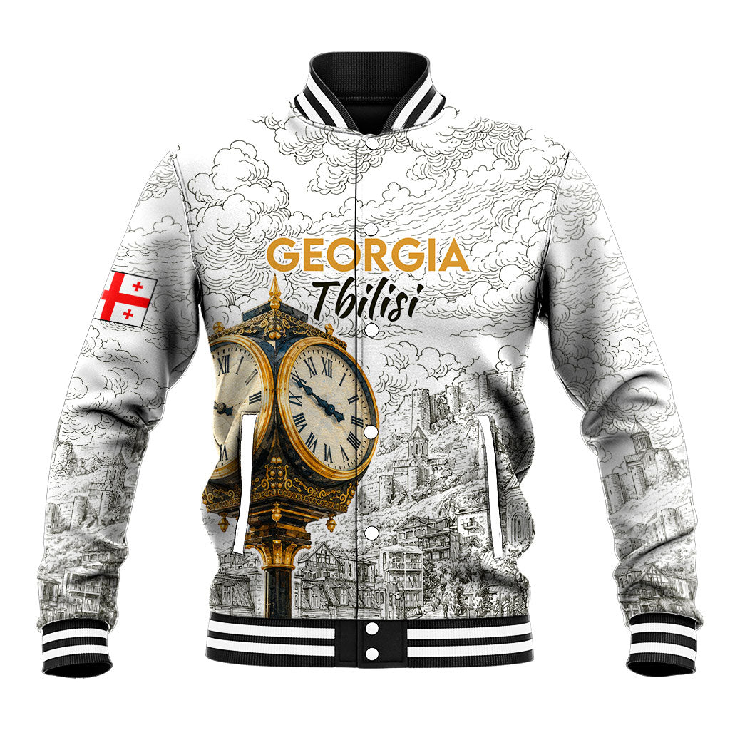 Georgia Tbilisi Clock Tower Baseball Jacket Kartlis Deda Vintage Sketch Style