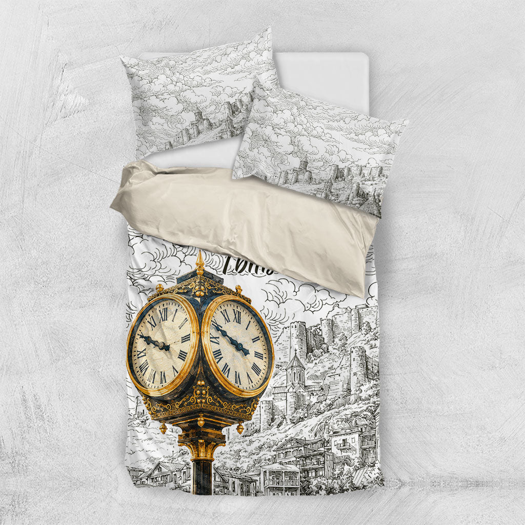 Georgia Tbilisi Clock Tower Bedding Set Kartlis Deda Vintage Sketch Style