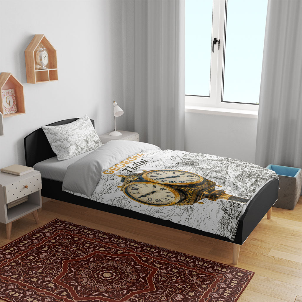 Georgia Tbilisi Clock Tower Bedding Set Kartlis Deda Vintage Sketch Style