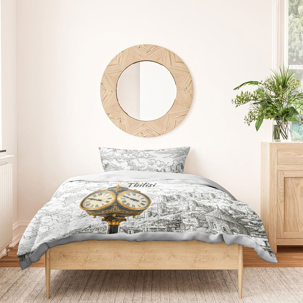 Georgia Tbilisi Clock Tower Bedding Set Kartlis Deda Vintage Sketch Style