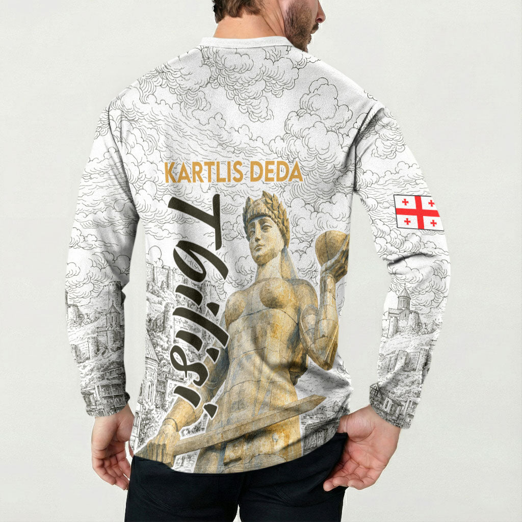 Georgia Tbilisi Clock Tower Button Sweatshirt Kartlis Deda Vintage Sketch Style