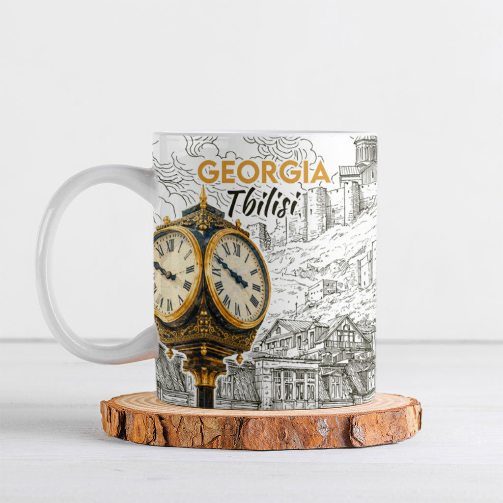 Georgia Tbilisi Clock Tower Ceramic Mug Kartlis Deda Vintage Sketch Style