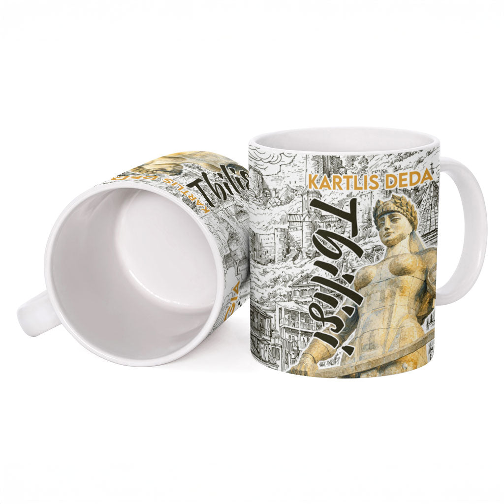 Georgia Tbilisi Clock Tower Ceramic Mug Kartlis Deda Vintage Sketch Style