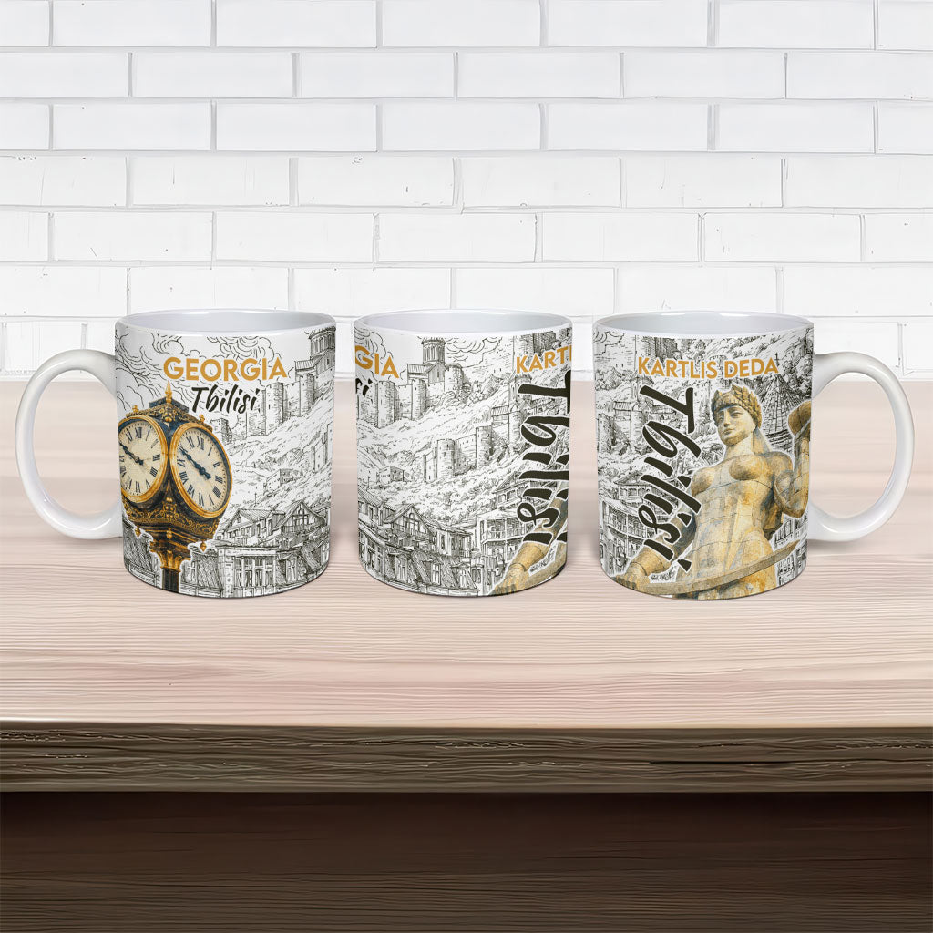Georgia Tbilisi Clock Tower Ceramic Mug Kartlis Deda Vintage Sketch Style