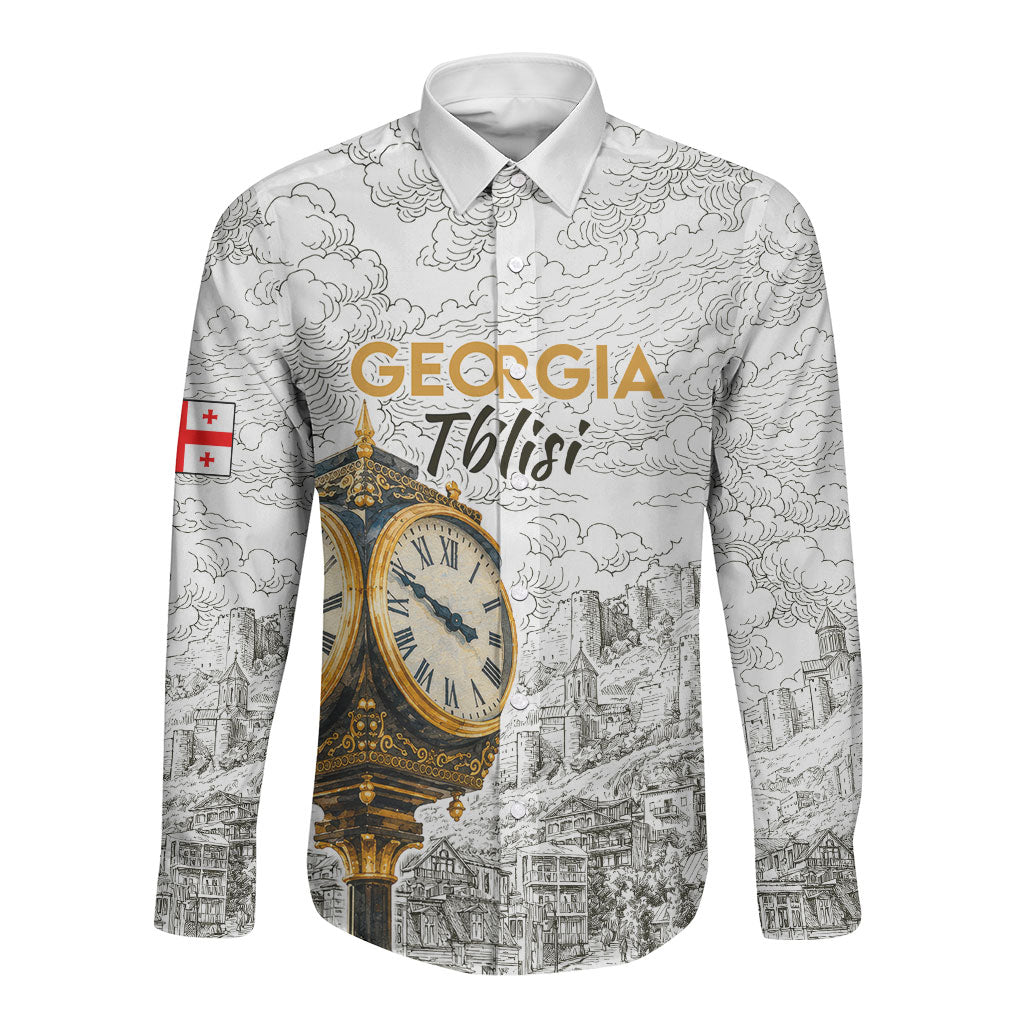 Georgia Tbilisi Clock Tower Long Sleeve Button Shirt Kartlis Deda Vintage Sketch Style