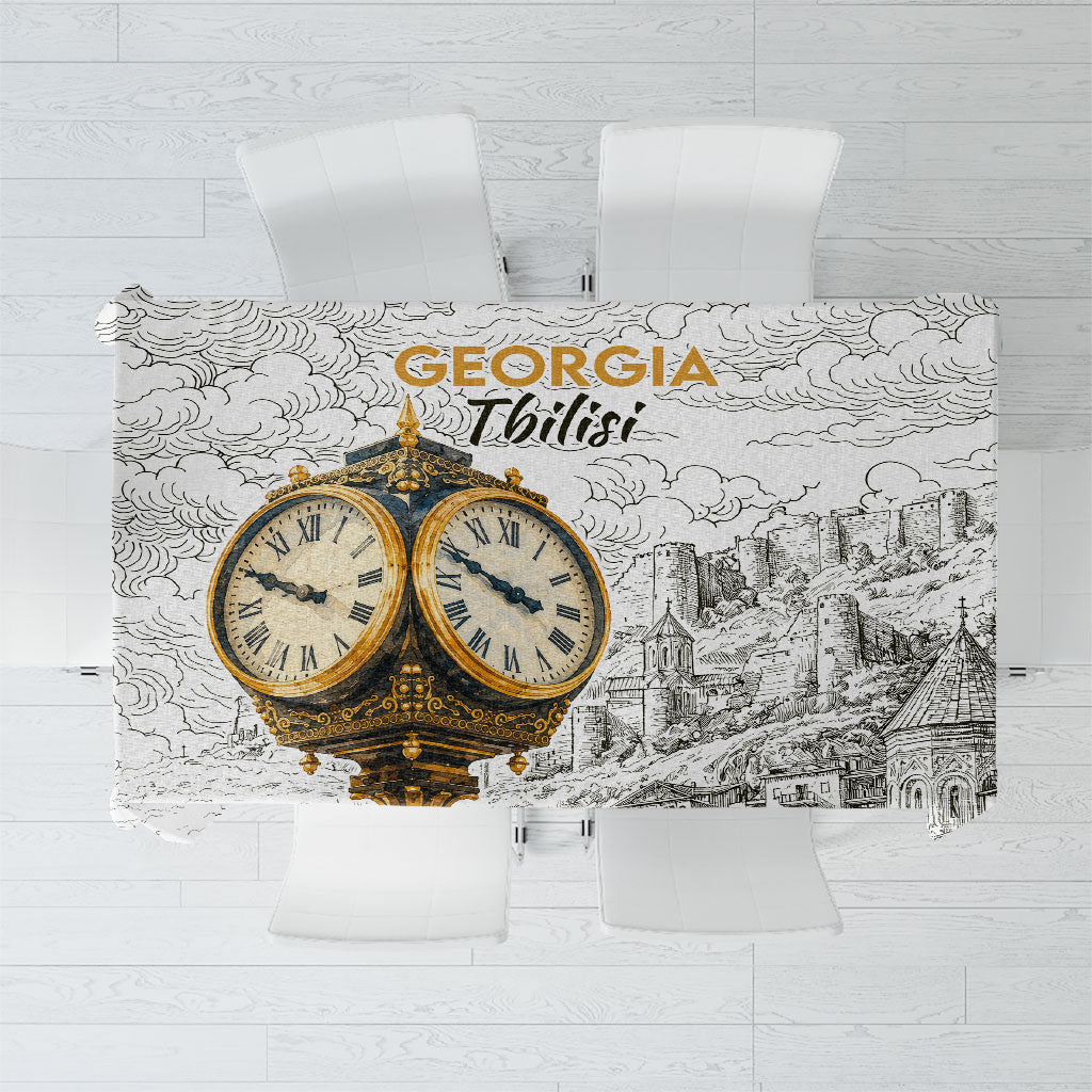 Georgia Tbilisi Clock Tower Tablecloth Kartlis Deda Vintage Sketch Style