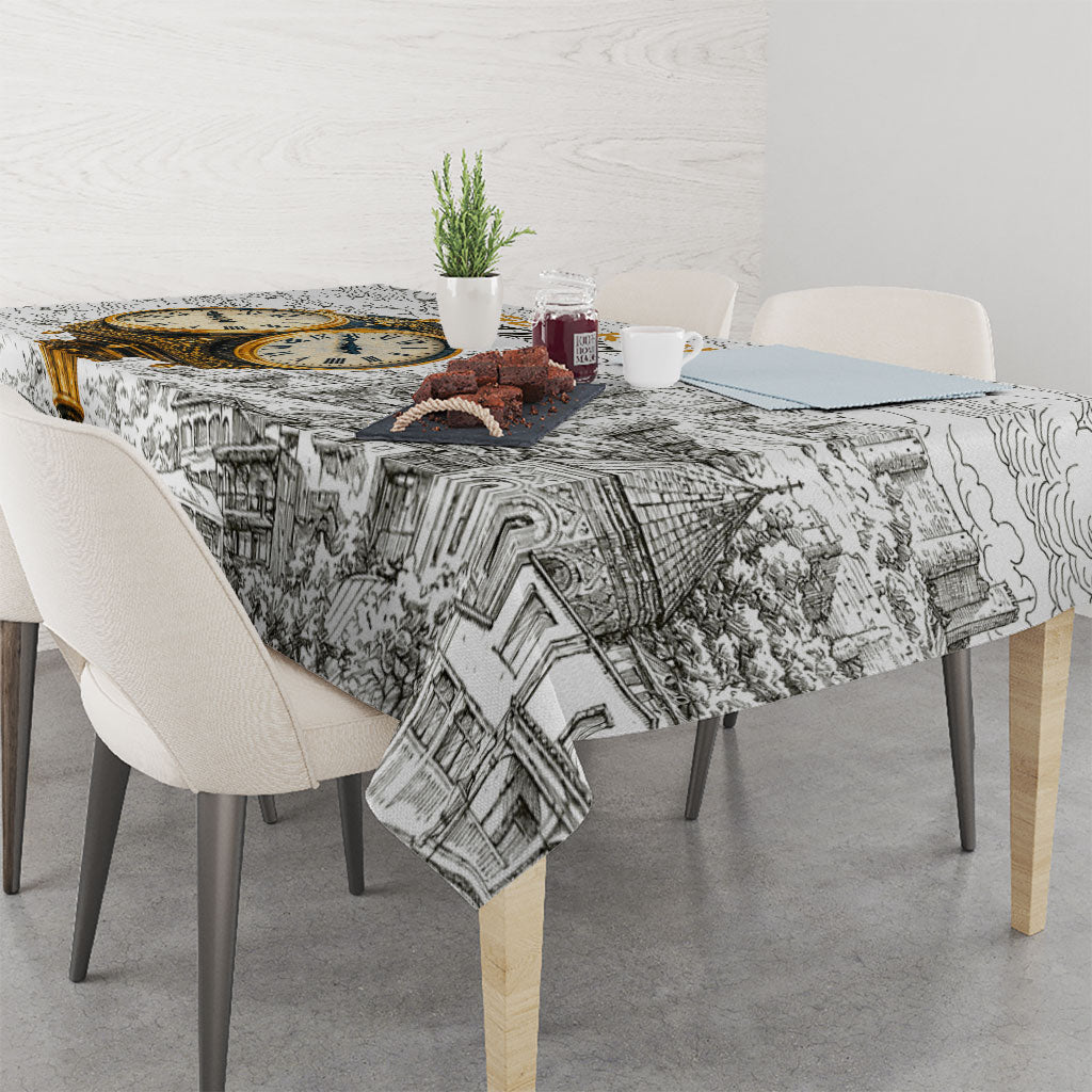 Georgia Tbilisi Clock Tower Tablecloth Kartlis Deda Vintage Sketch Style