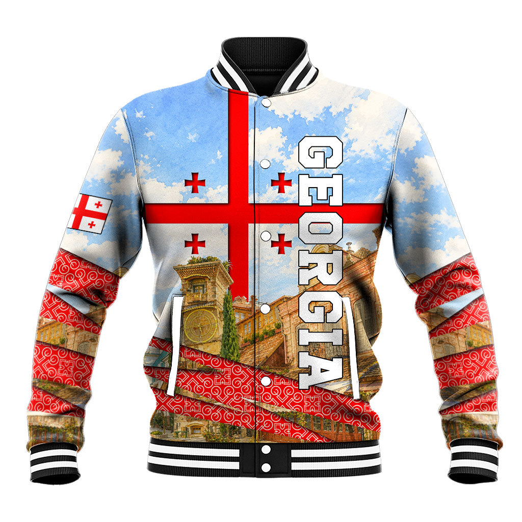 Georgia National Flag Baseball Jacket Tbilisi Clock Tower Heritage Sky Art