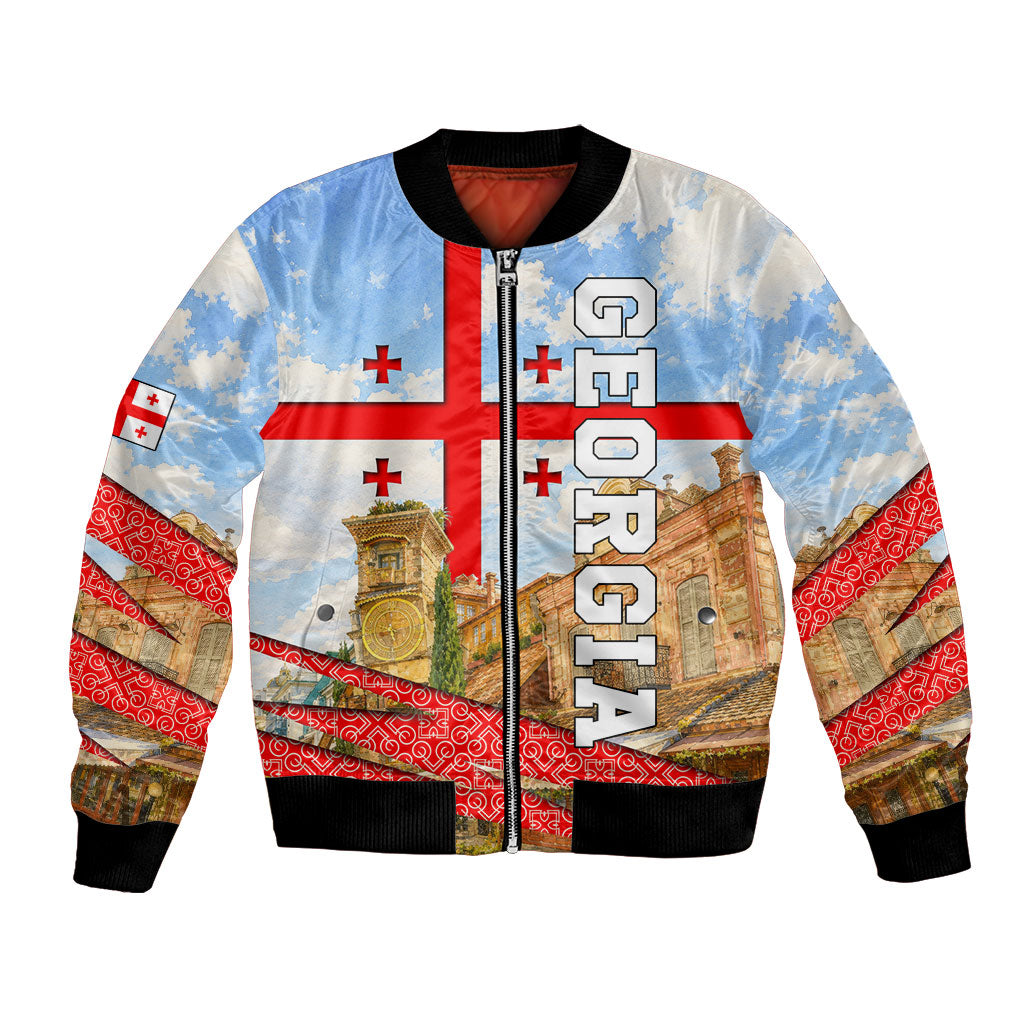 Georgia National Flag Bomber Jacket Tbilisi Clock Tower Heritage Sky Art