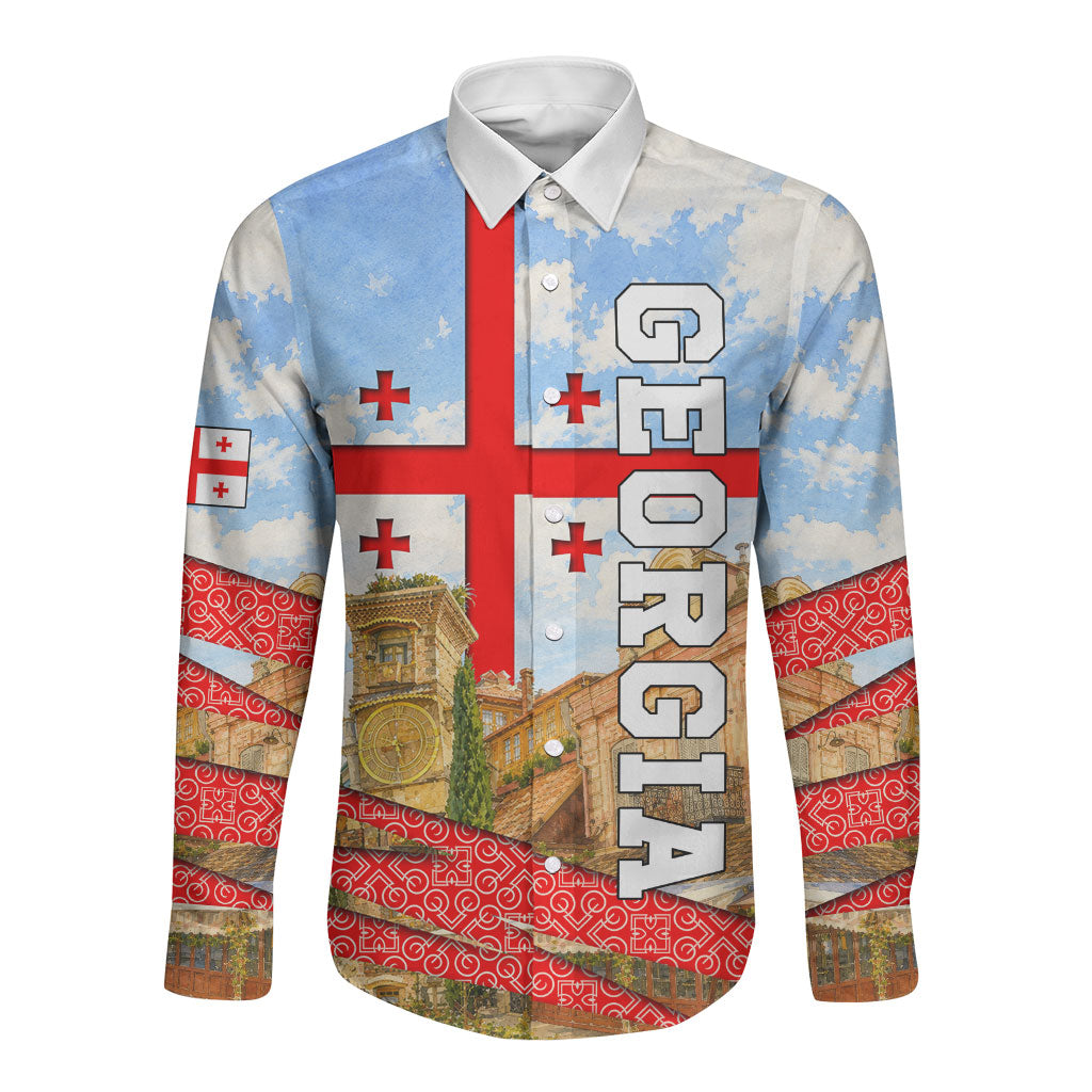 Georgia National Flag Long Sleeve Button Shirt Tbilisi Clock Tower Heritage Sky Art