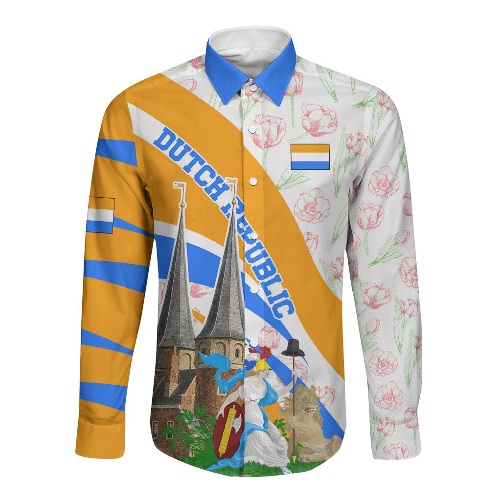 Dutch Republic Netherlands Long Sleeve Button Shirt Patriotism Vintage Heraldic Crest Floral Tulip