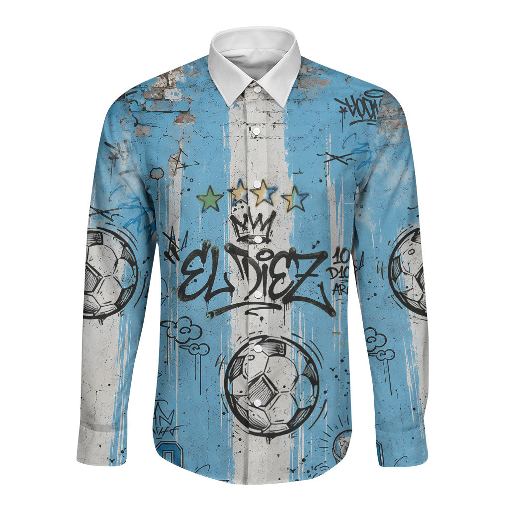 El Diez Argentina GOAT 10 Football Long Sleeve Button Shirt Goat Mascot King Crown Graffiti Art