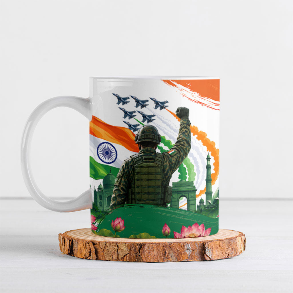India Proud Free Fearless Ceramic Mug Bengal Tiger Military Soldier Jets Art