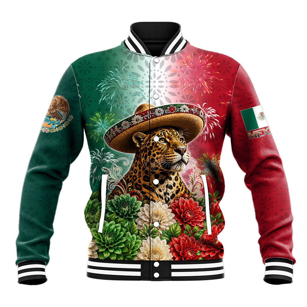 Viva Mexico Independence Day Baseball Jacket Sombrero Jaguar Mayan Pyramid Fireworks