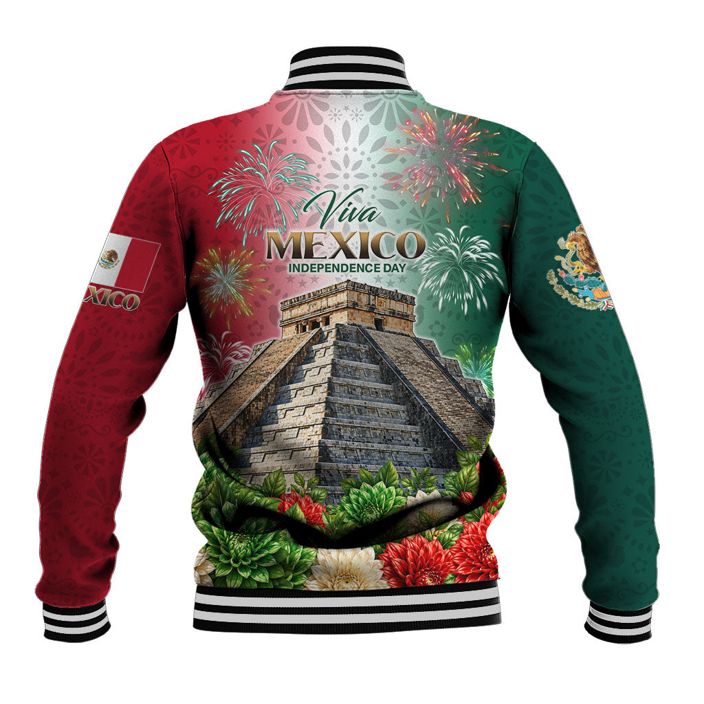 Viva Mexico Independence Day Baseball Jacket Sombrero Jaguar Mayan Pyramid Fireworks