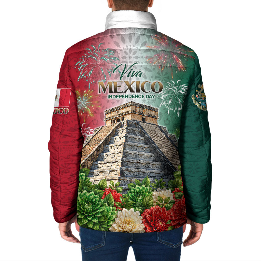 Viva Mexico Independence Day Padded Jacket Sombrero Jaguar Mayan Pyramid Fireworks