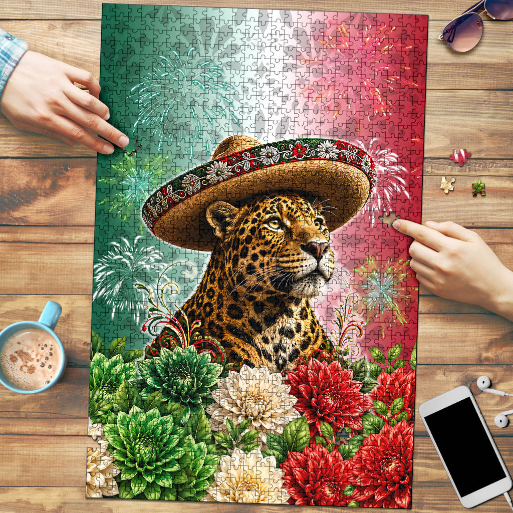 Viva Mexico Independence Day Puzzle Sombrero Jaguar Mayan Pyramid Fireworks
