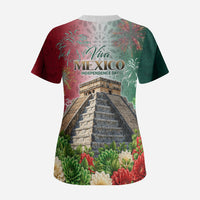 Viva Mexico Independence Day Scrub Top Sombrero Jaguar Mayan Pyramid Fireworks