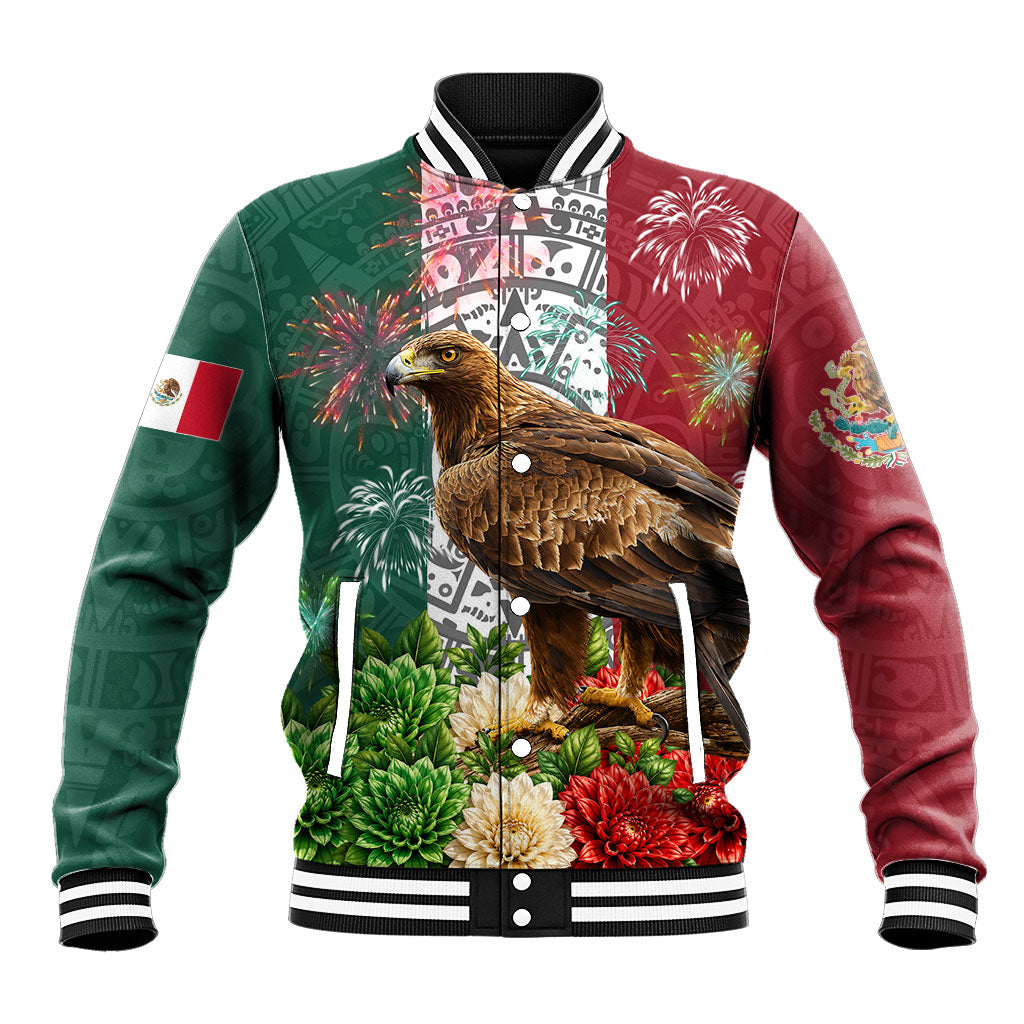 Viva Mexico Independence Day Baseball Jacket Golden Eagle Angel Aztec Pattern