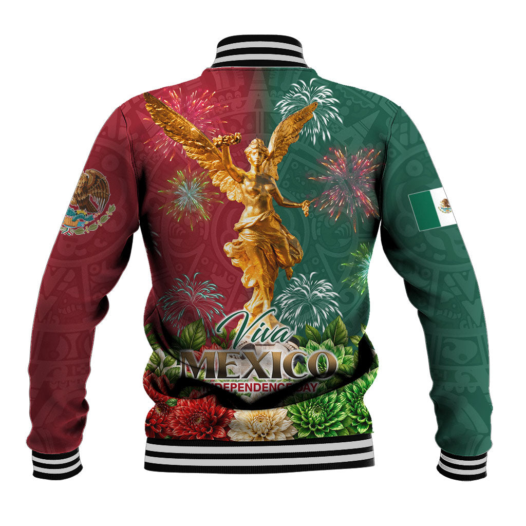 Viva Mexico Independence Day Baseball Jacket Golden Eagle Angel Aztec Pattern