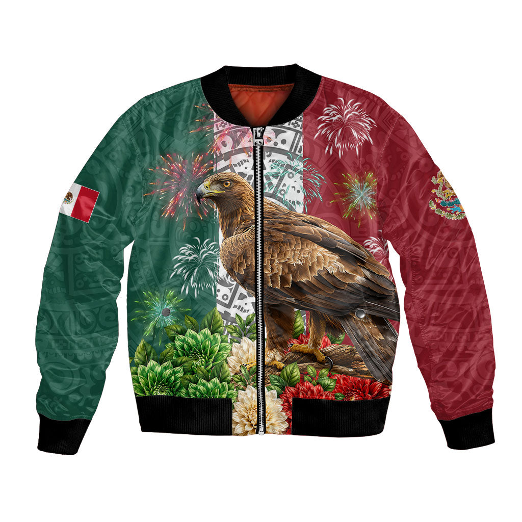 Viva Mexico Independence Day Bomber Jacket Golden Eagle Angel Aztec Pattern