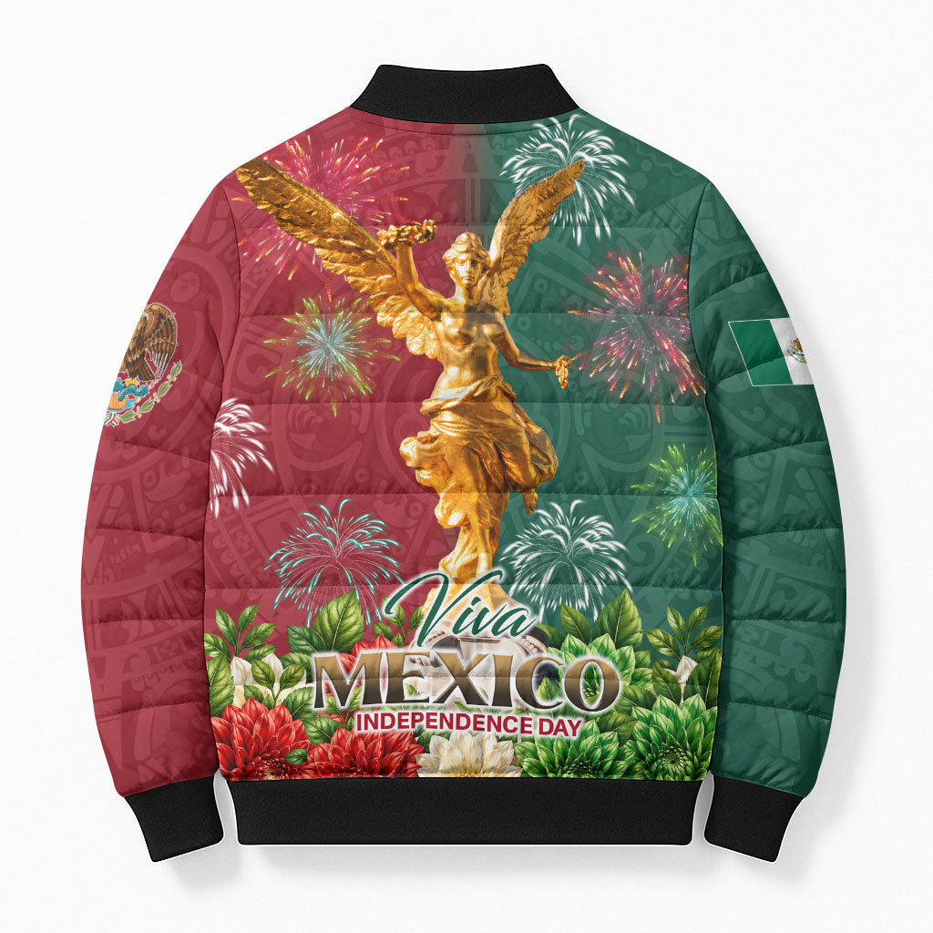 Viva Mexico Independence Day Bomber Puffer Jacket Golden Eagle Angel Aztec Pattern