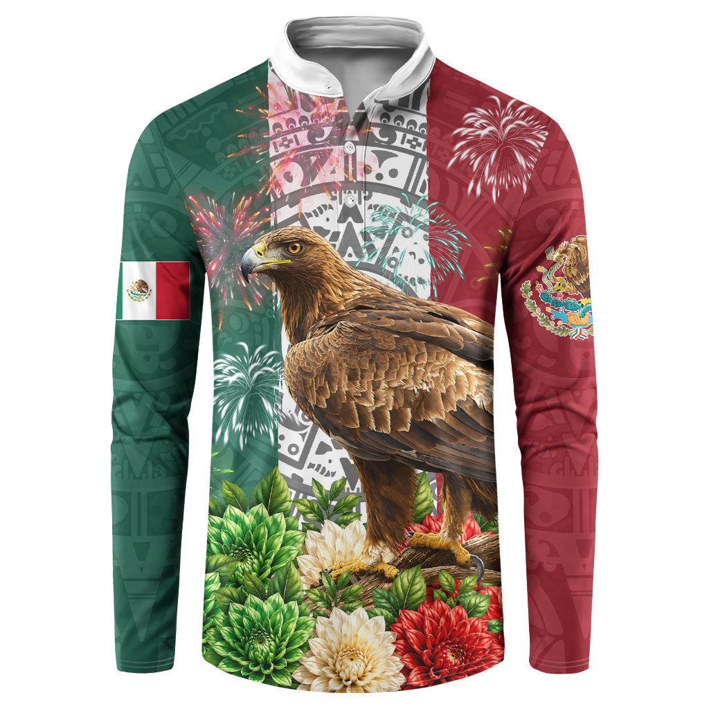 Viva Mexico Independence Day Button Sweatshirt Golden Eagle Angel Aztec Pattern