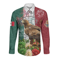 Viva Mexico Independence Day Long Sleeve Button Shirt Golden Eagle Angel Aztec Pattern