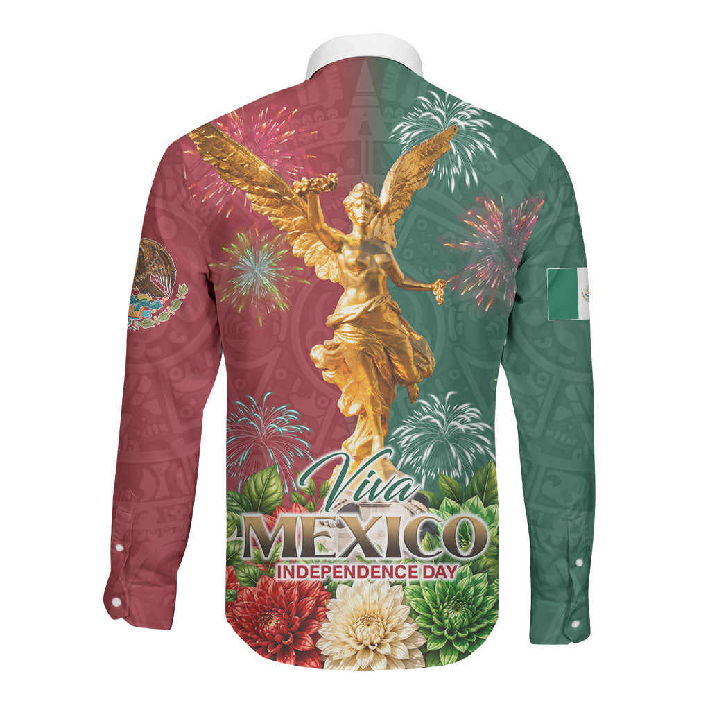 Viva Mexico Independence Day Long Sleeve Button Shirt Golden Eagle Angel Aztec Pattern