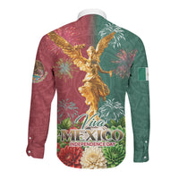 Viva Mexico Independence Day Long Sleeve Button Shirt Golden Eagle Angel Aztec Pattern