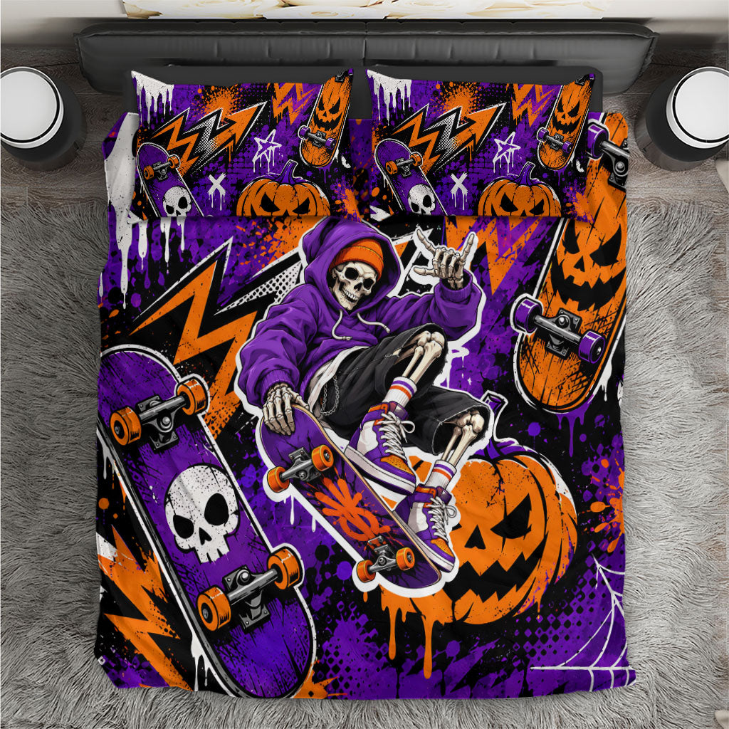 Halloween Skeleton Skateboarder Bedding Set Graffiti Ghost Pumpkin Streetwear Graphic
