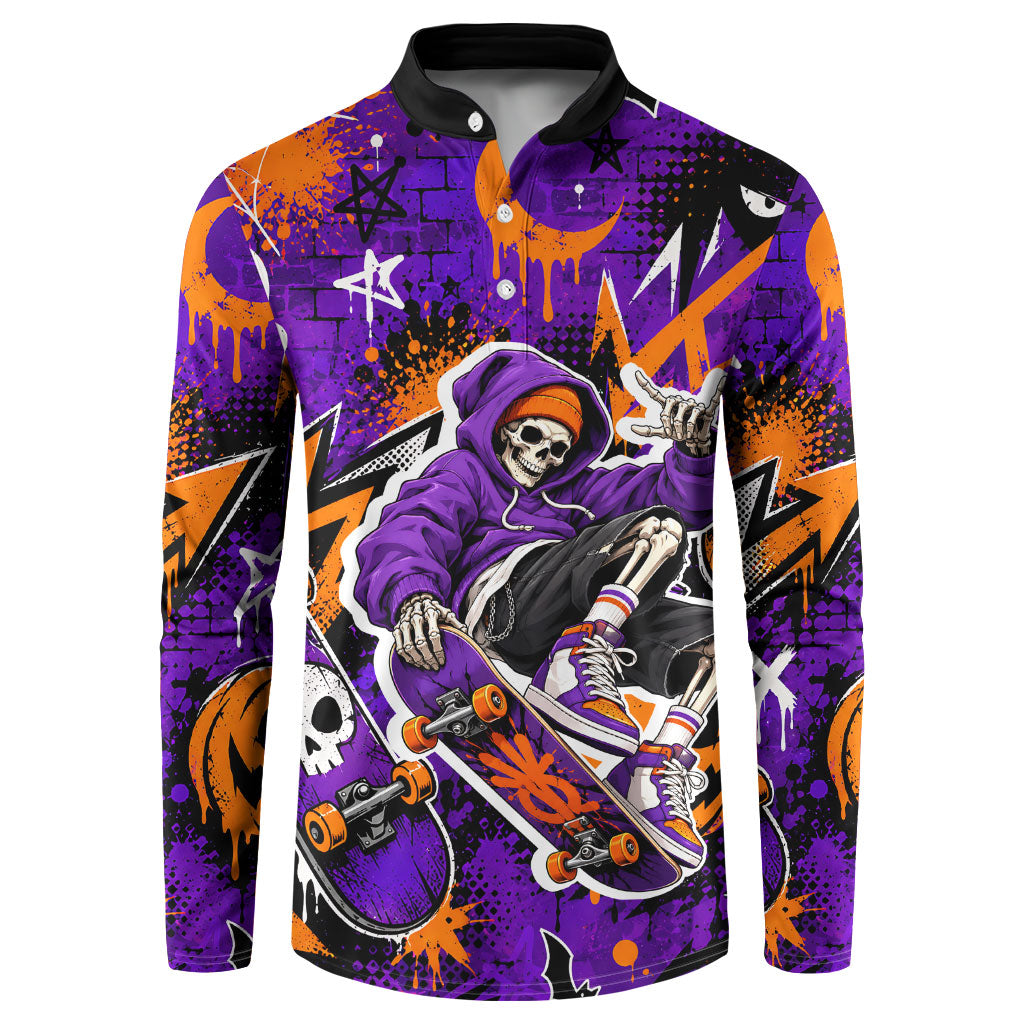 Halloween Skeleton Skateboarder Button Sweatshirt Graffiti Ghost Pumpkin Streetwear Graphic