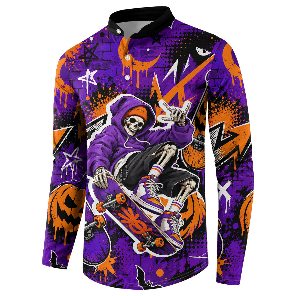 Halloween Skeleton Skateboarder Button Sweatshirt Graffiti Ghost Pumpkin Streetwear Graphic