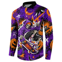 Halloween Skeleton Skateboarder Button Sweatshirt Graffiti Ghost Pumpkin Streetwear Graphic