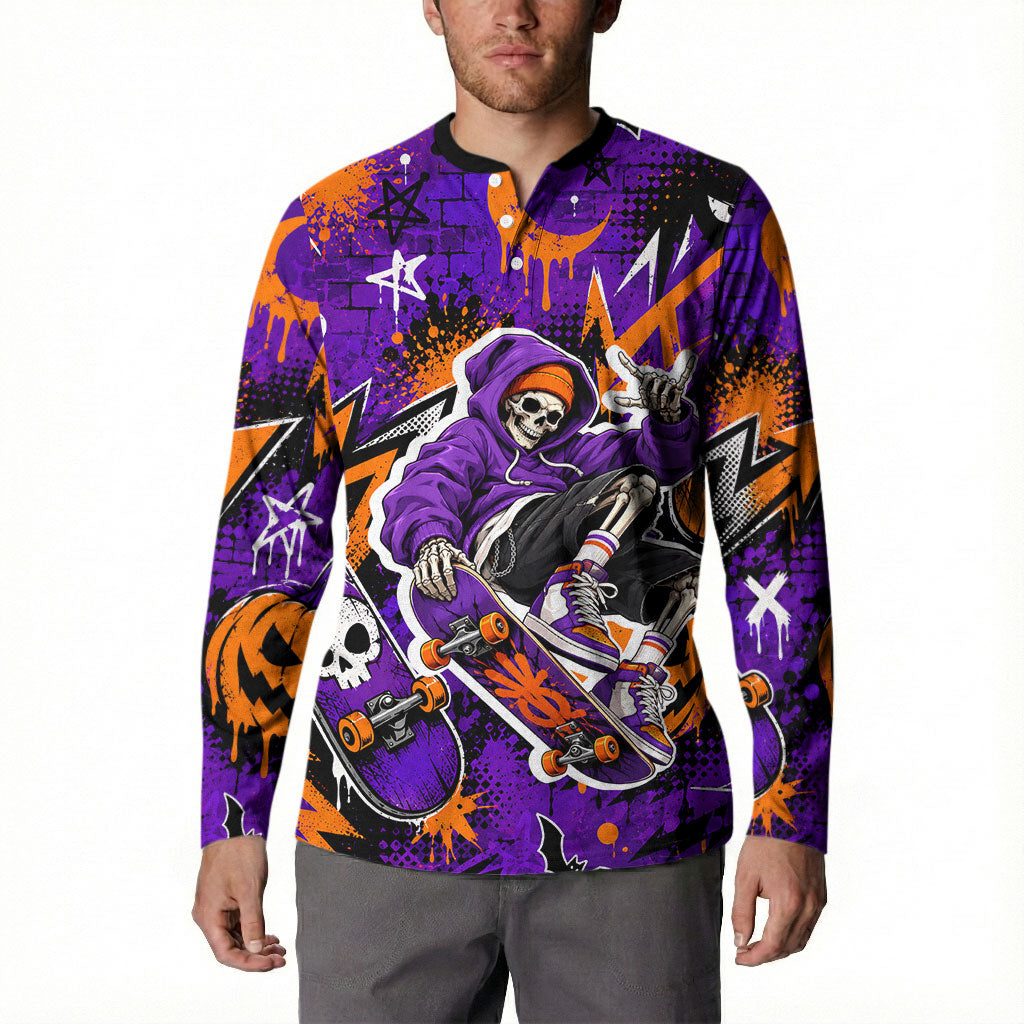 Halloween Skeleton Skateboarder Button Sweatshirt Graffiti Ghost Pumpkin Streetwear Graphic