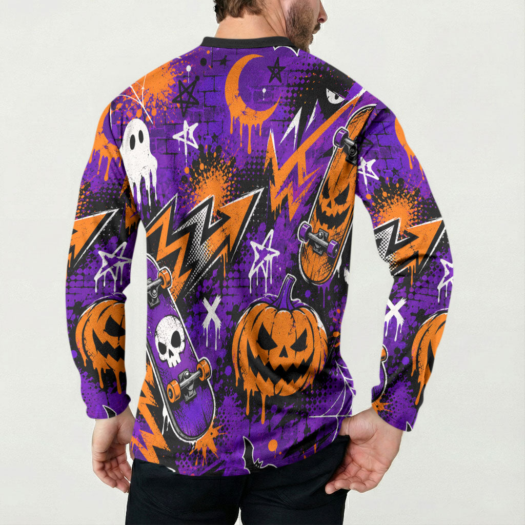 Halloween Skeleton Skateboarder Button Sweatshirt Graffiti Ghost Pumpkin Streetwear Graphic