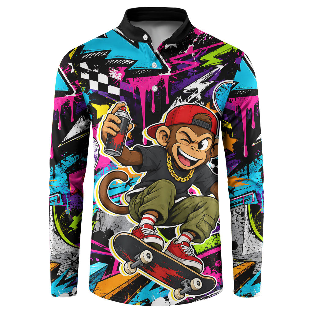 Skateboarding Monkey Button Sweatshirt Neon Graffiti Spray Paint Urban Streetwear Art