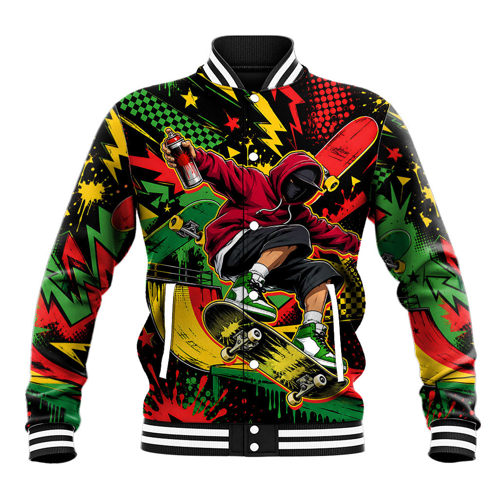 Skateboarder Spray Painter Baseball Jacket Rasta Colors Graffiti Streetwear Pop Art Graphic