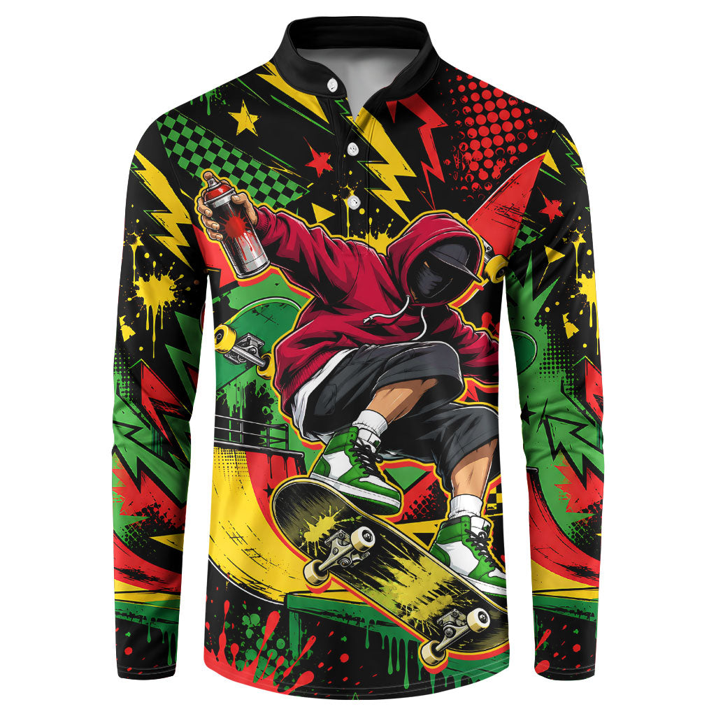 Skateboarder Spray Painter Button Sweatshirt Rasta Colors Graffiti Streetwear Pop Art Graphic