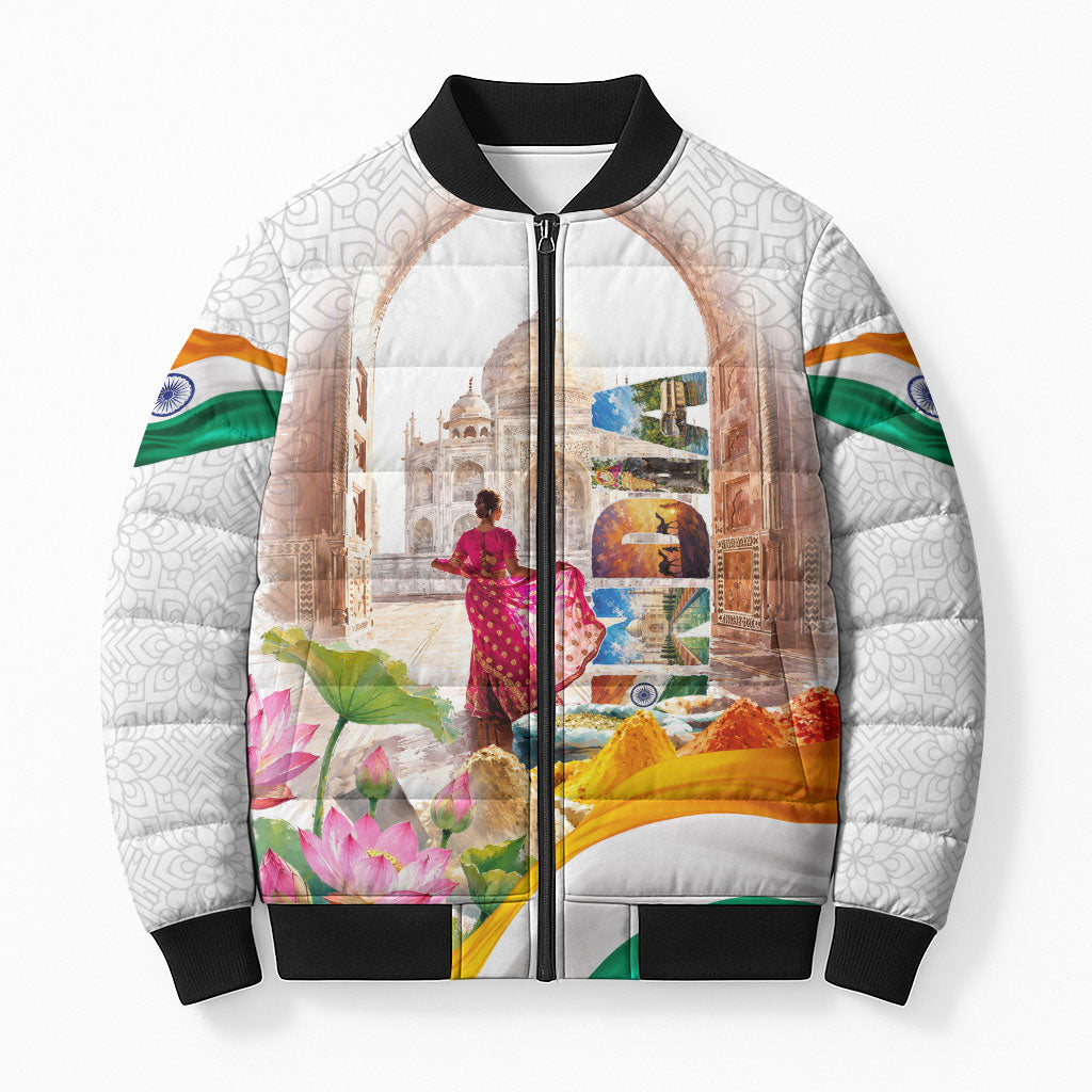 India Independence Day Bomber Puffer Jacket Cultural Heritage Landmark Taj Mahal Watercolor Art