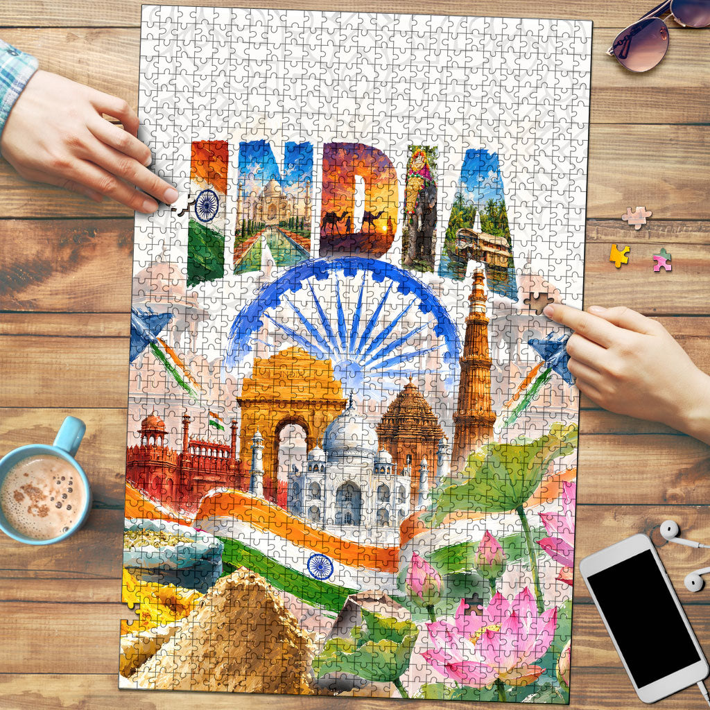 India Independence Day Puzzle Cultural Heritage Landmark Taj Mahal Watercolor Art