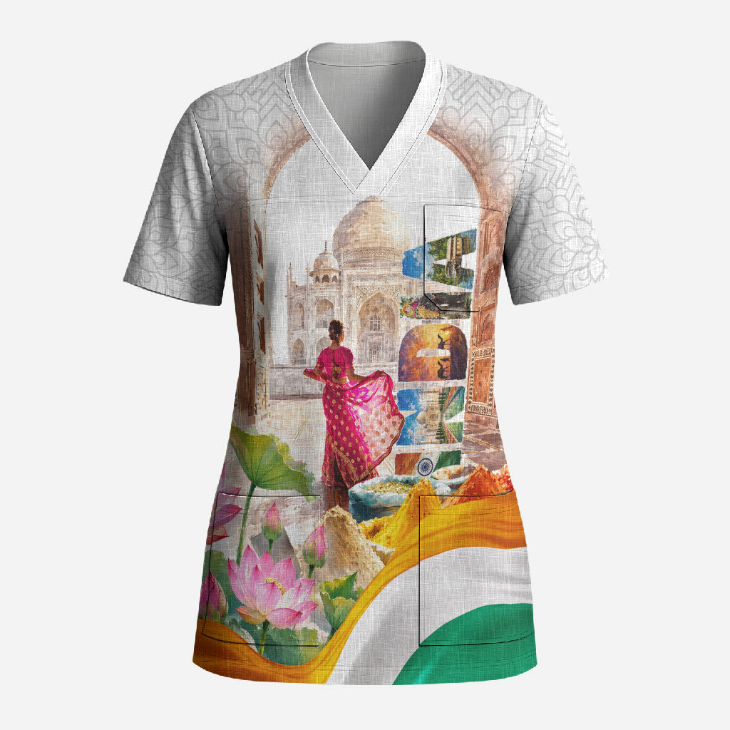 India Independence Day Scrub Top Cultural Heritage Landmark Taj Mahal Watercolor Art